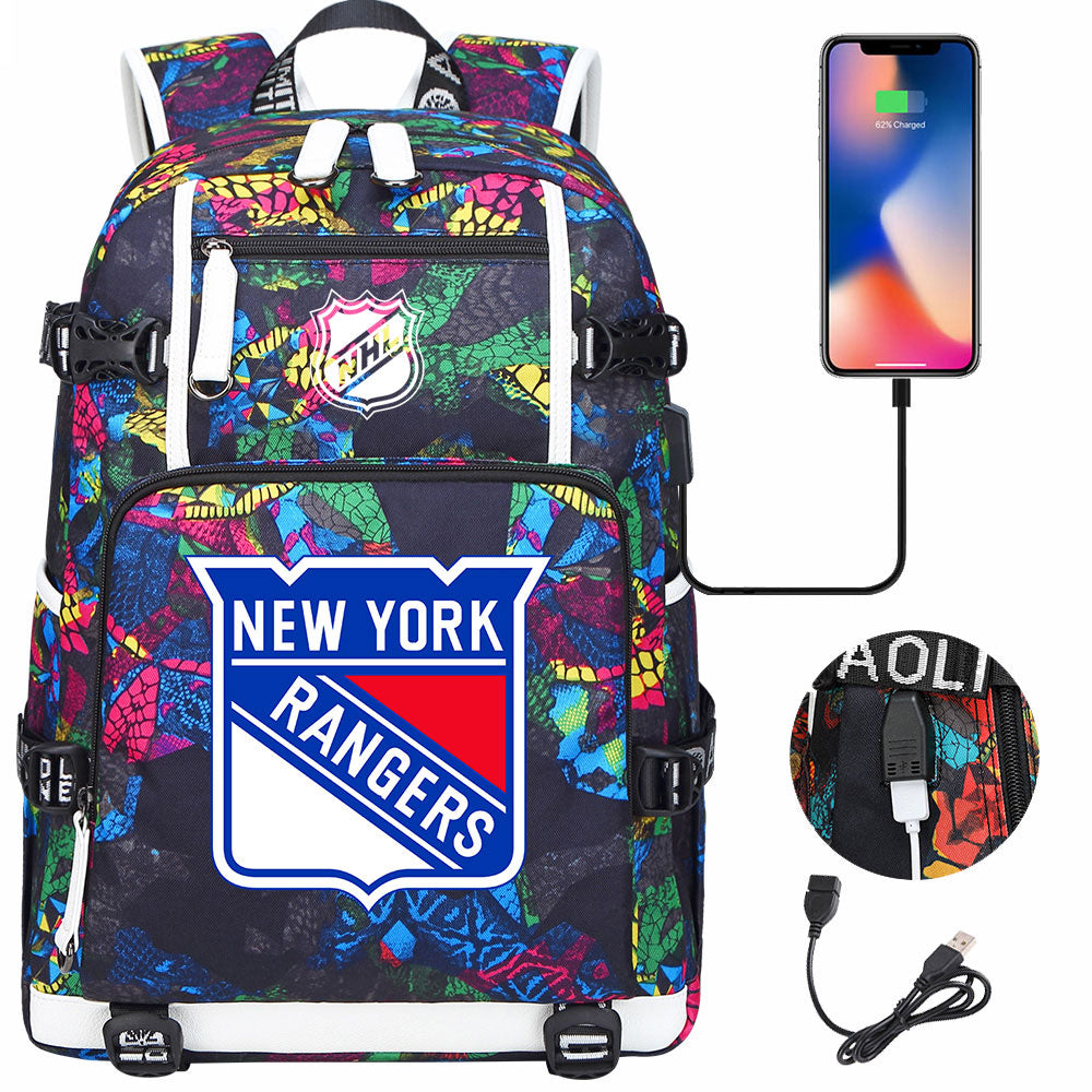 New York Rangers Hockey League USB Charging Backpack School Notebook Travel Bags