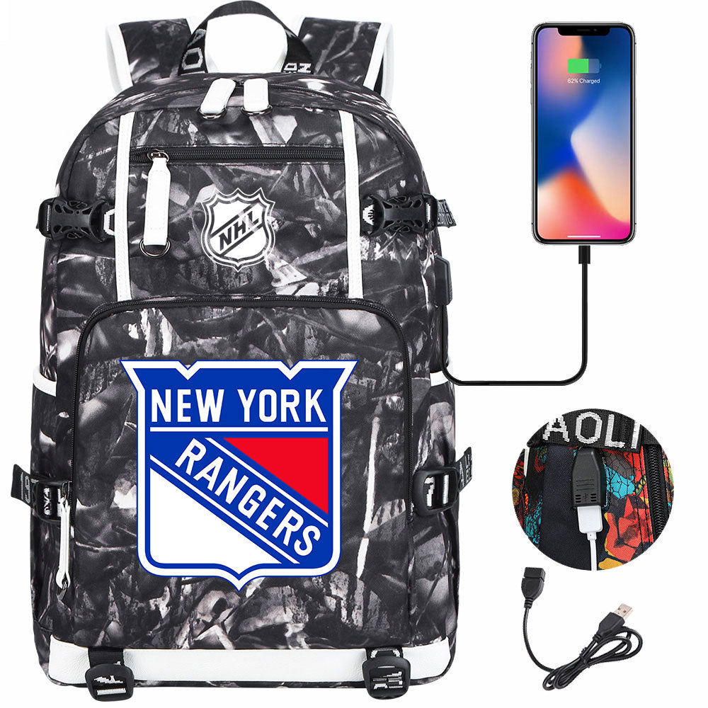 New York Rangers Hockey League USB Charging Backpack School Notebook Travel Bags