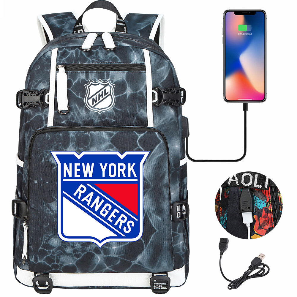 New York Rangers Hockey League USB Charging Backpack School Notebook Travel Bags