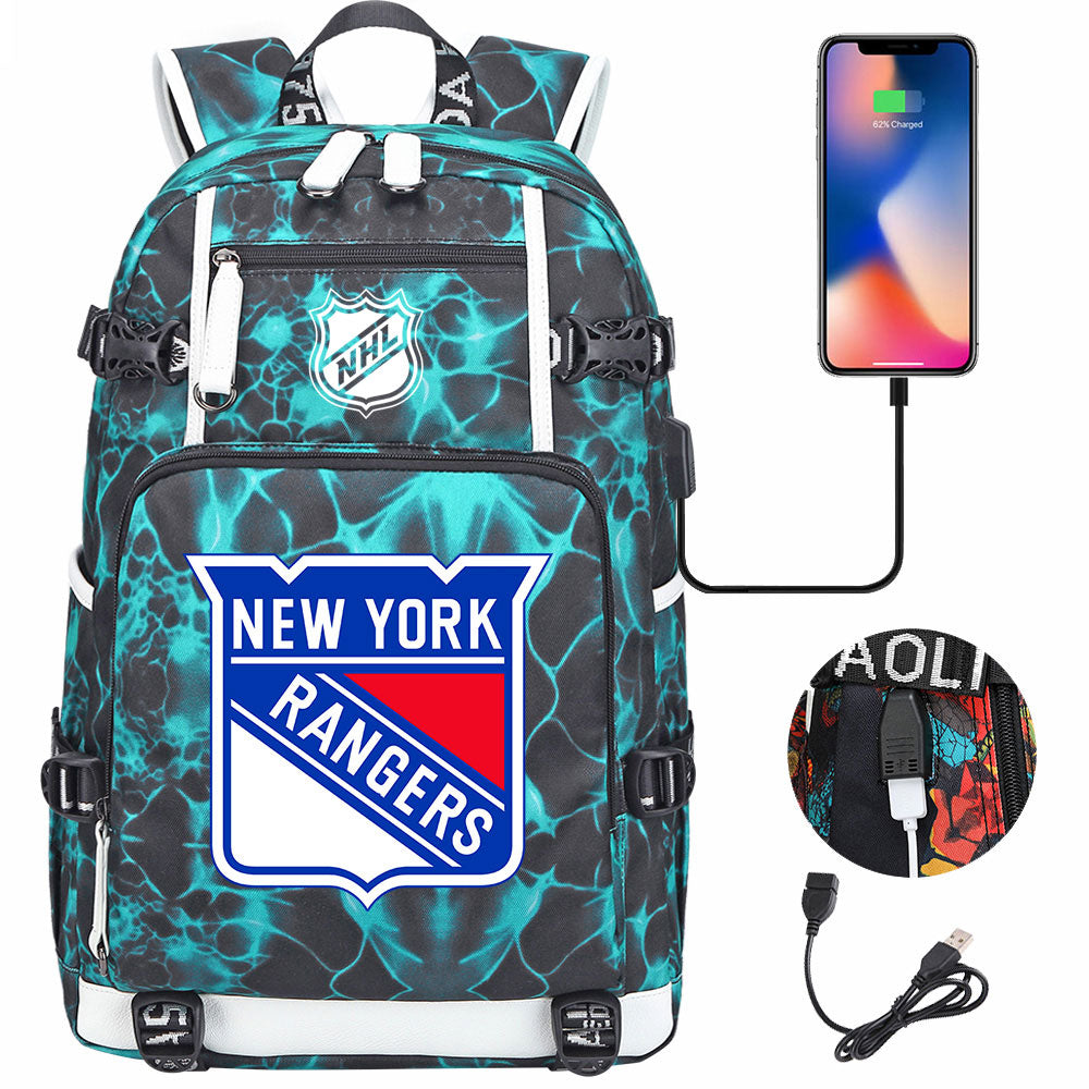 New York Rangers Hockey League USB Charging Backpack School Notebook Travel Bags