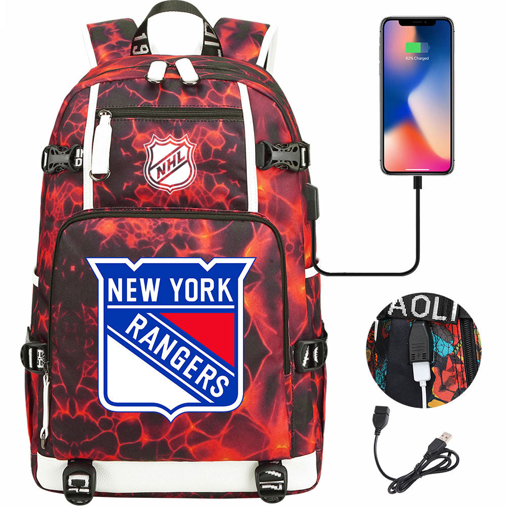 New York Rangers Hockey League USB Charging Backpack School Notebook Travel Bags