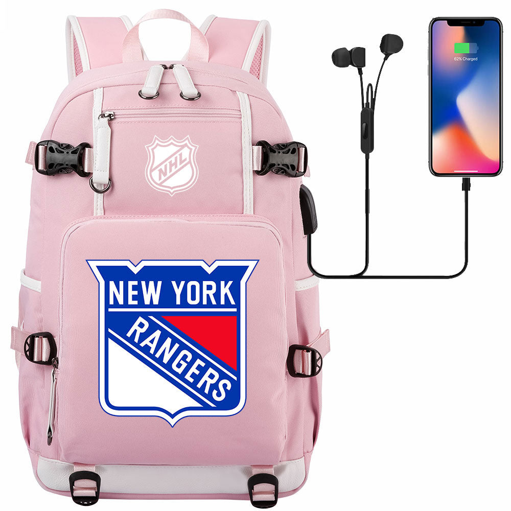 New York Rangers Hockey League USB Charging Backpack School Notebook Travel Bags