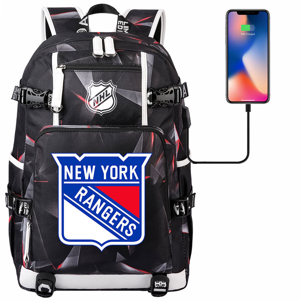 New York Rangers Hockey League USB Charging Backpack School Notebook Travel Bags