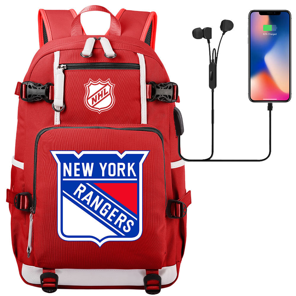 New York Rangers Hockey League USB Charging Backpack School Notebook Travel Bags