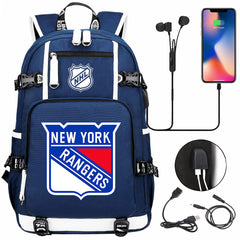 New York Rangers Hockey League USB Charging Backpack School Notebook Travel Bags