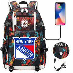 New York Rangers Hockey League USB Charging Backpack School Notebook Travel Bags