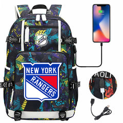 New York Rangers Hockey League USB Charging Backpack School Notebook Travel Bags