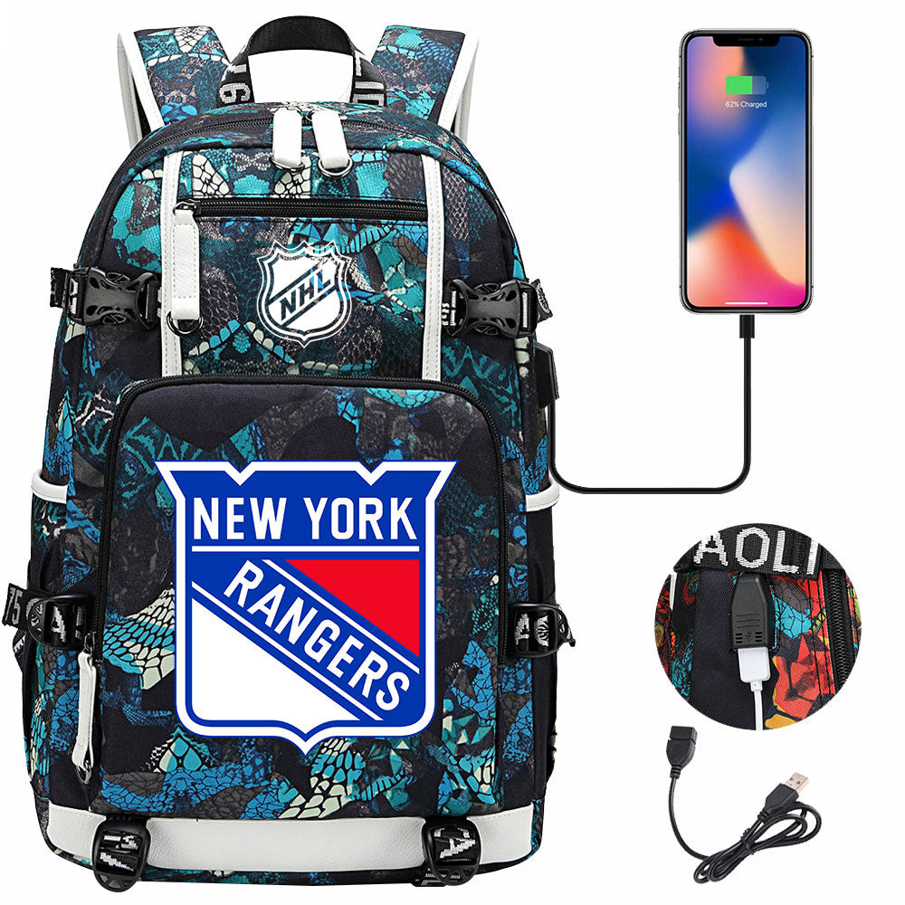 New York Rangers Hockey League USB Charging Backpack School Notebook Travel Bags