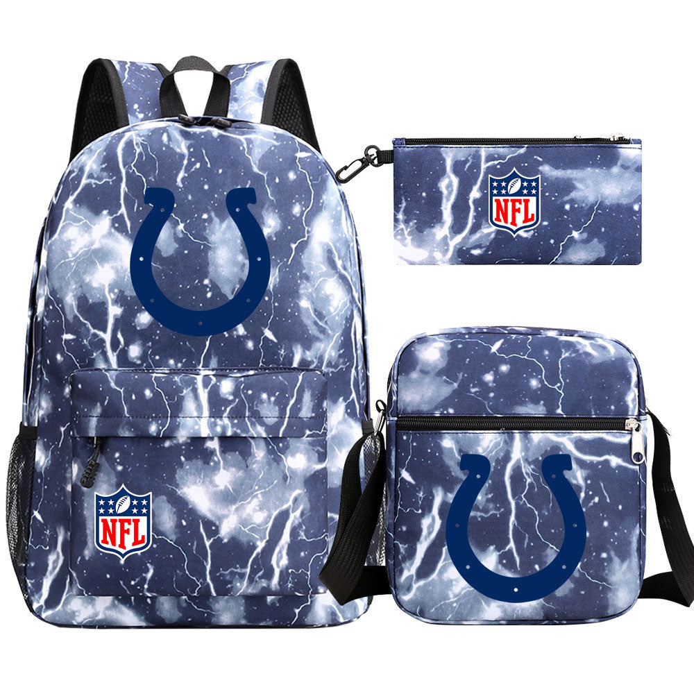 Indianapolis Colts Football Team Printed Schoolbag Backpack Shoulder Bag Pencil Bag 3pcs set for Kids Students