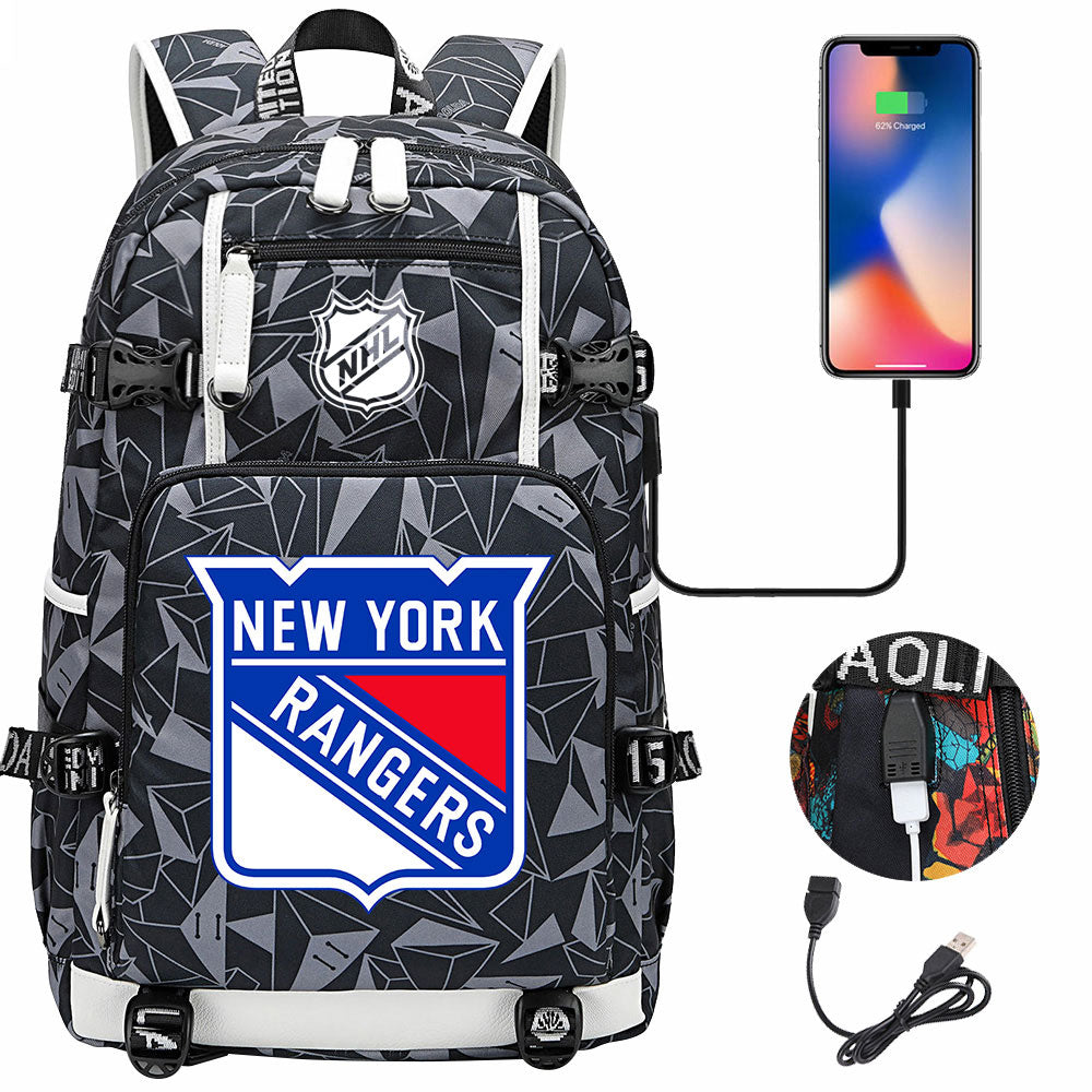 New York Rangers Hockey League USB Charging Backpack School Notebook Travel Bags