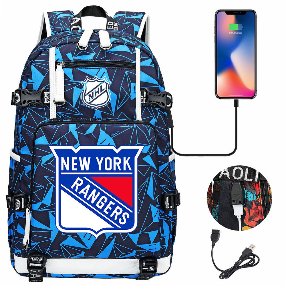 New York Rangers Hockey League USB Charging Backpack School Notebook Travel Bags