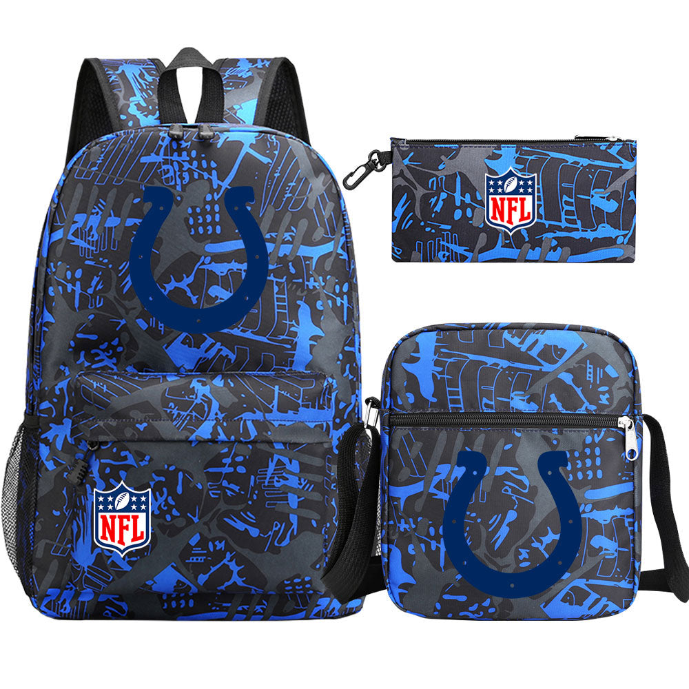 Indianapolis Colts Football Team Printed Schoolbag Backpack Shoulder Bag Pencil Bag 3pcs set for Kids Students