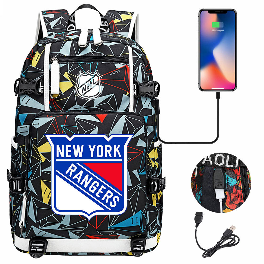 New York Rangers Hockey League USB Charging Backpack School Notebook Travel Bags