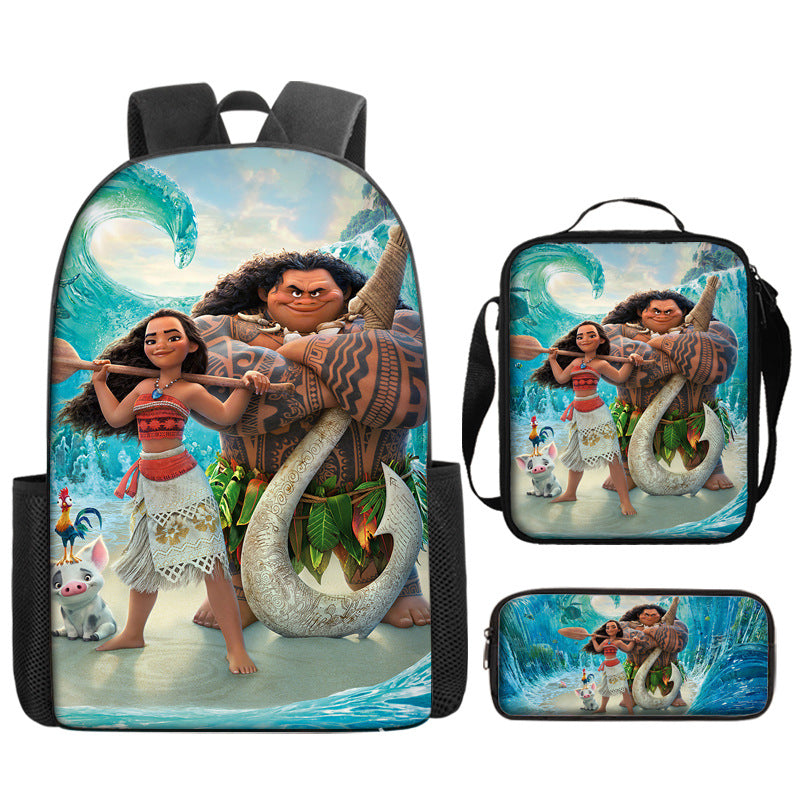 Moana Full Printed Backpack Schoolbag Travel Notebook Bag Lunch Bag Pencil Bag for Kids Students 3PCS