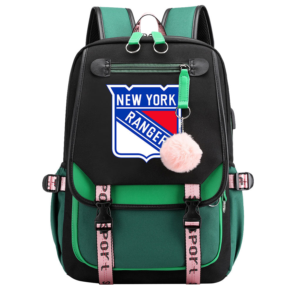 New York Rangers Hockey League Waterproof Backpack School Notebook Travel Bag USB Charging