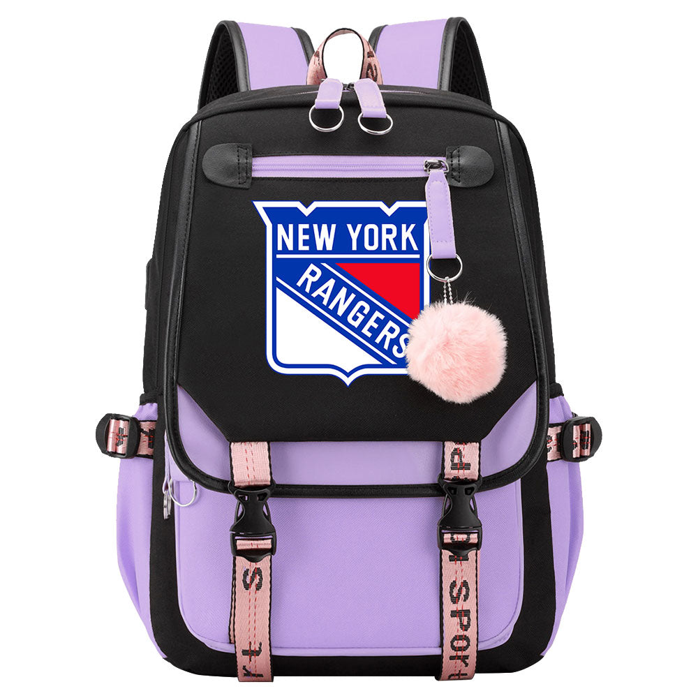 New York Rangers Hockey League Waterproof Backpack School Notebook Travel Bag USB Charging
