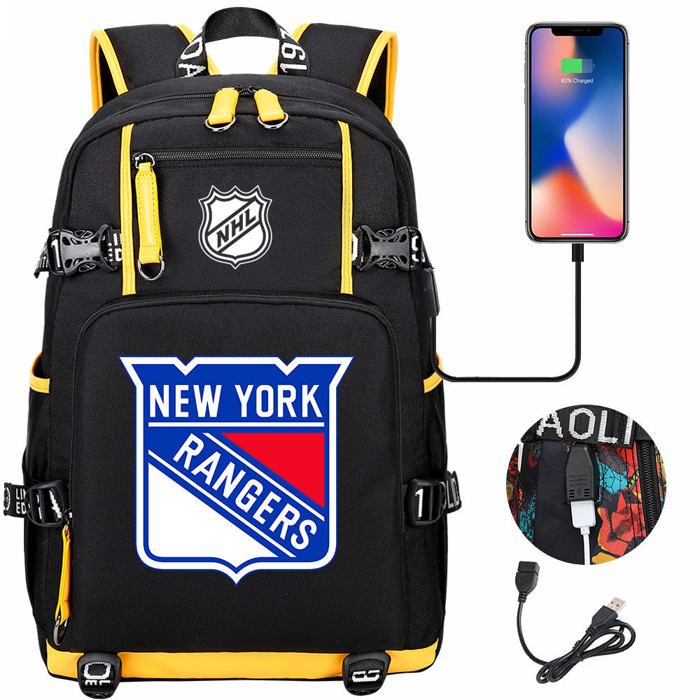 New York Rangers Hockey League USB Charging Backpack School Notebook Travel Bags