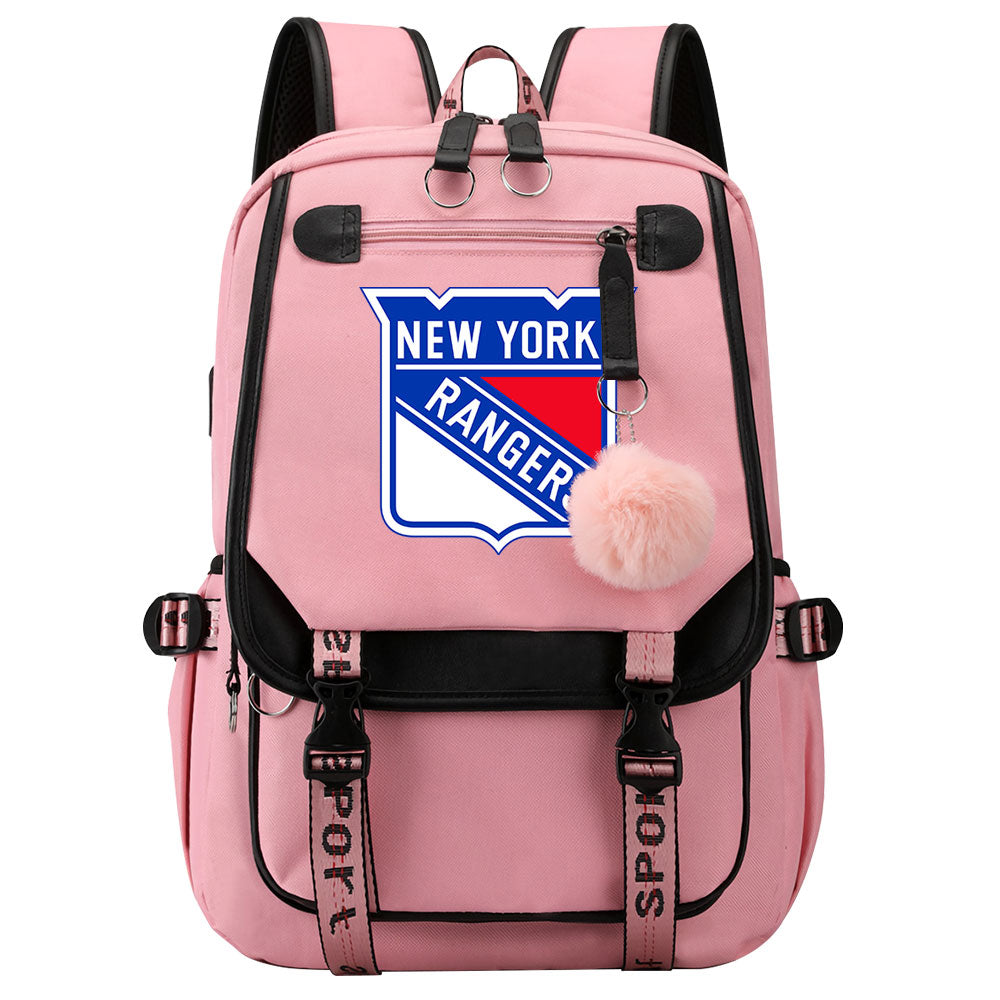 New York Rangers Hockey League Waterproof Backpack School Notebook Travel Bag USB Charging