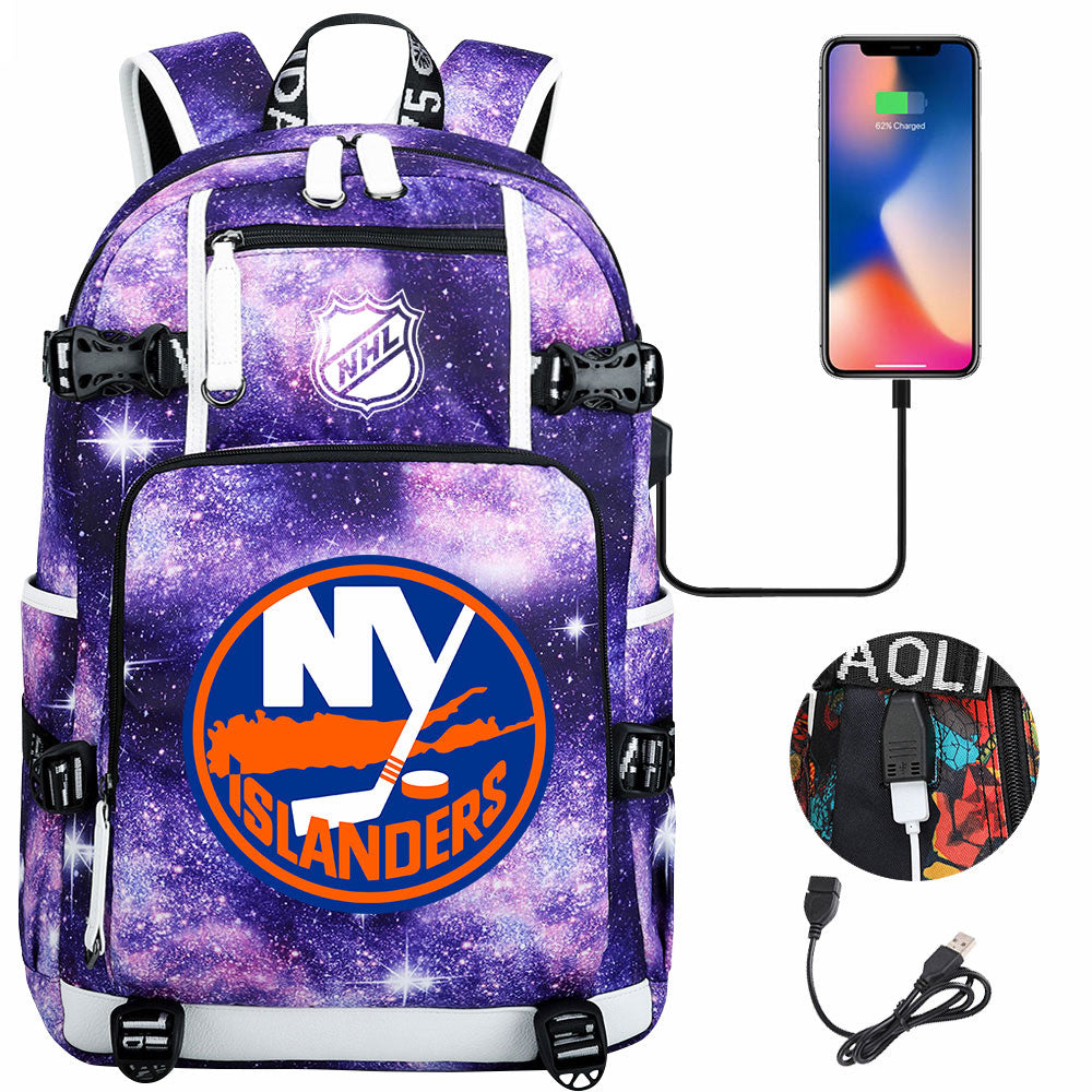 New York Islanders Hockey League USB Charging Backpack School Notebook Travel Bags