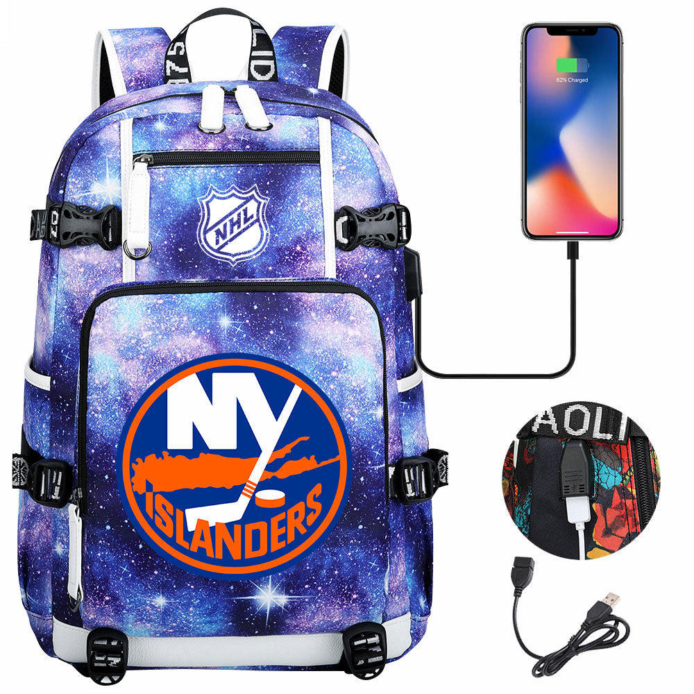New York Islanders Hockey League USB Charging Backpack School Notebook Travel Bags