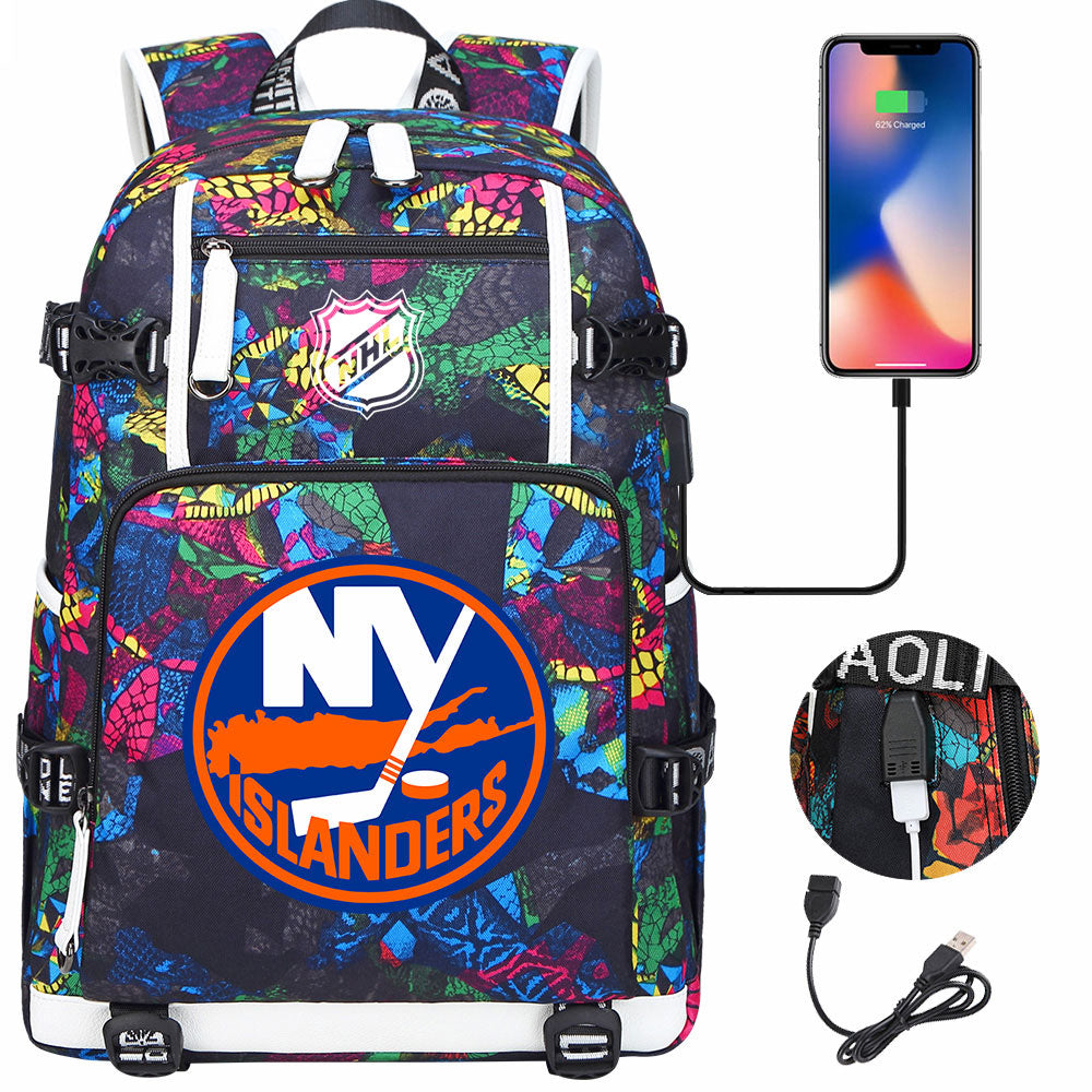 New York Islanders Hockey League USB Charging Backpack School Notebook Travel Bags