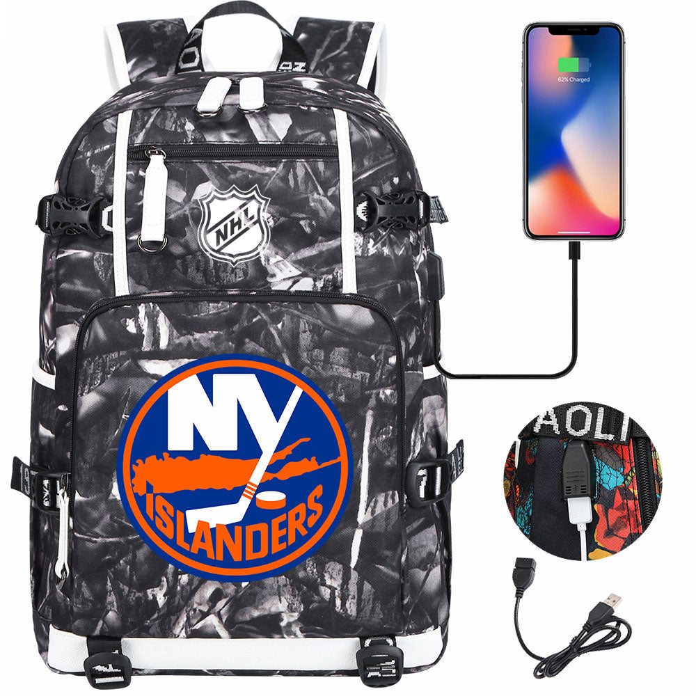 New York Islanders Hockey League USB Charging Backpack School Notebook Travel Bags