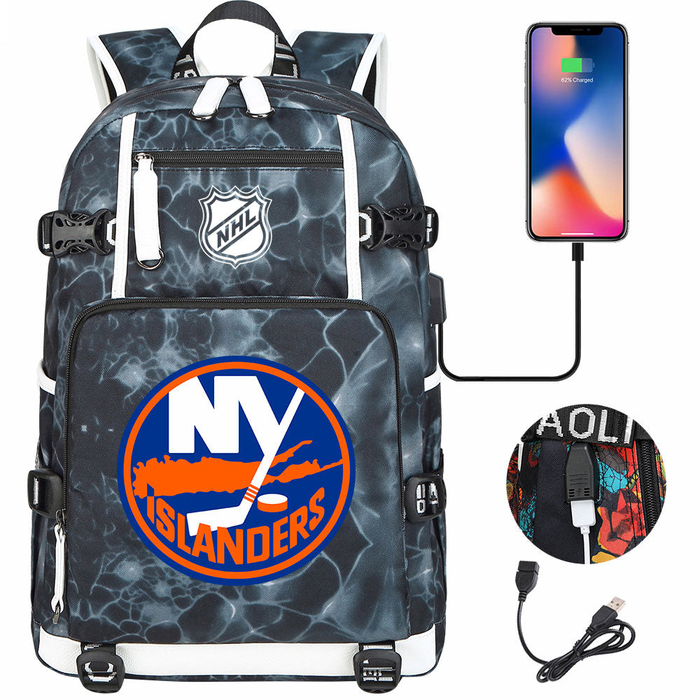 New York Islanders Hockey League USB Charging Backpack School Notebook Travel Bags