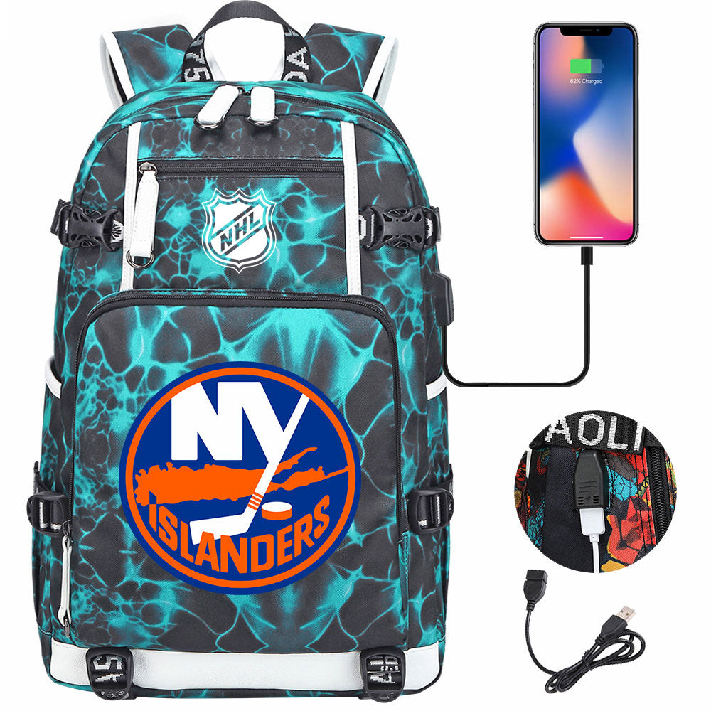New York Islanders Hockey League USB Charging Backpack School Notebook Travel Bags