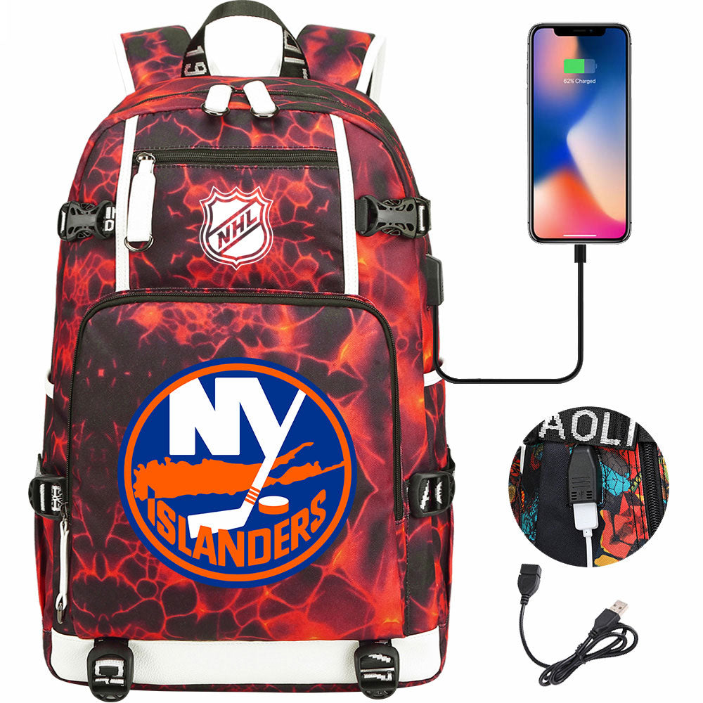 New York Islanders Hockey League USB Charging Backpack School Notebook Travel Bags