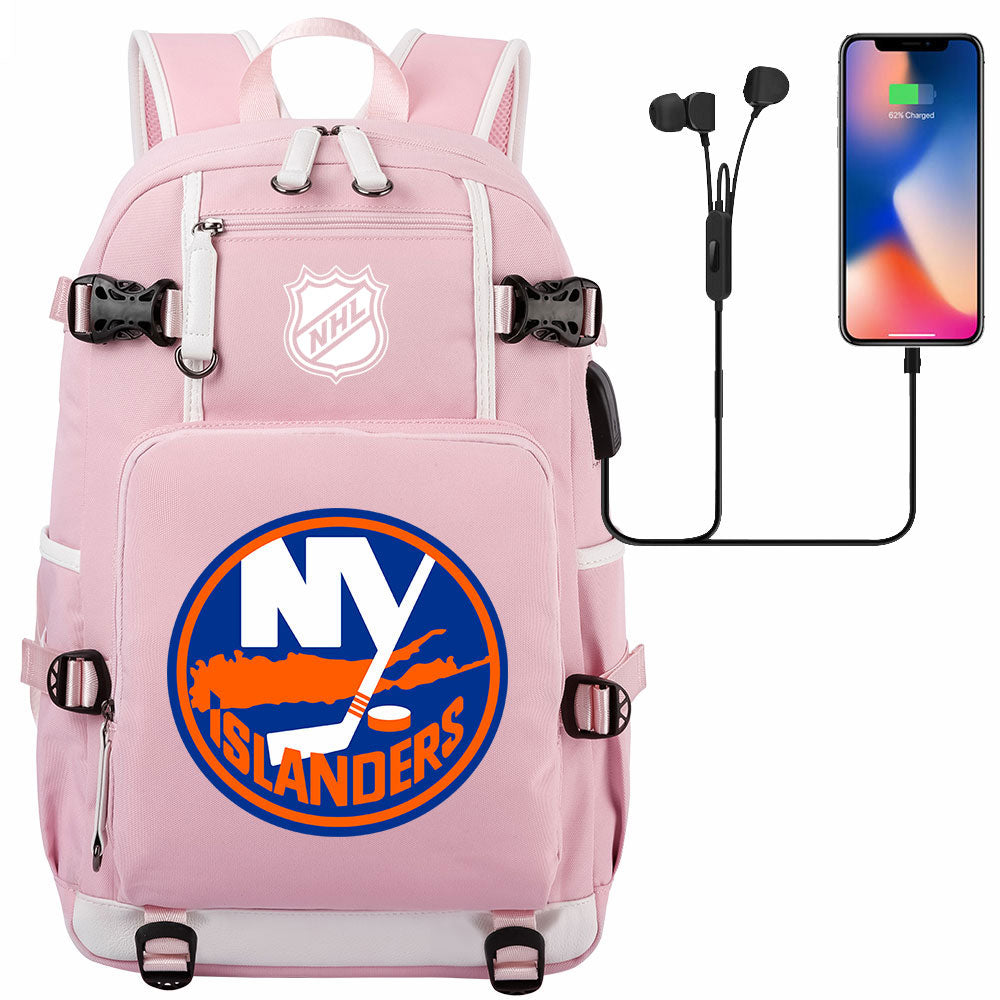 New York Islanders Hockey League USB Charging Backpack School Notebook Travel Bags