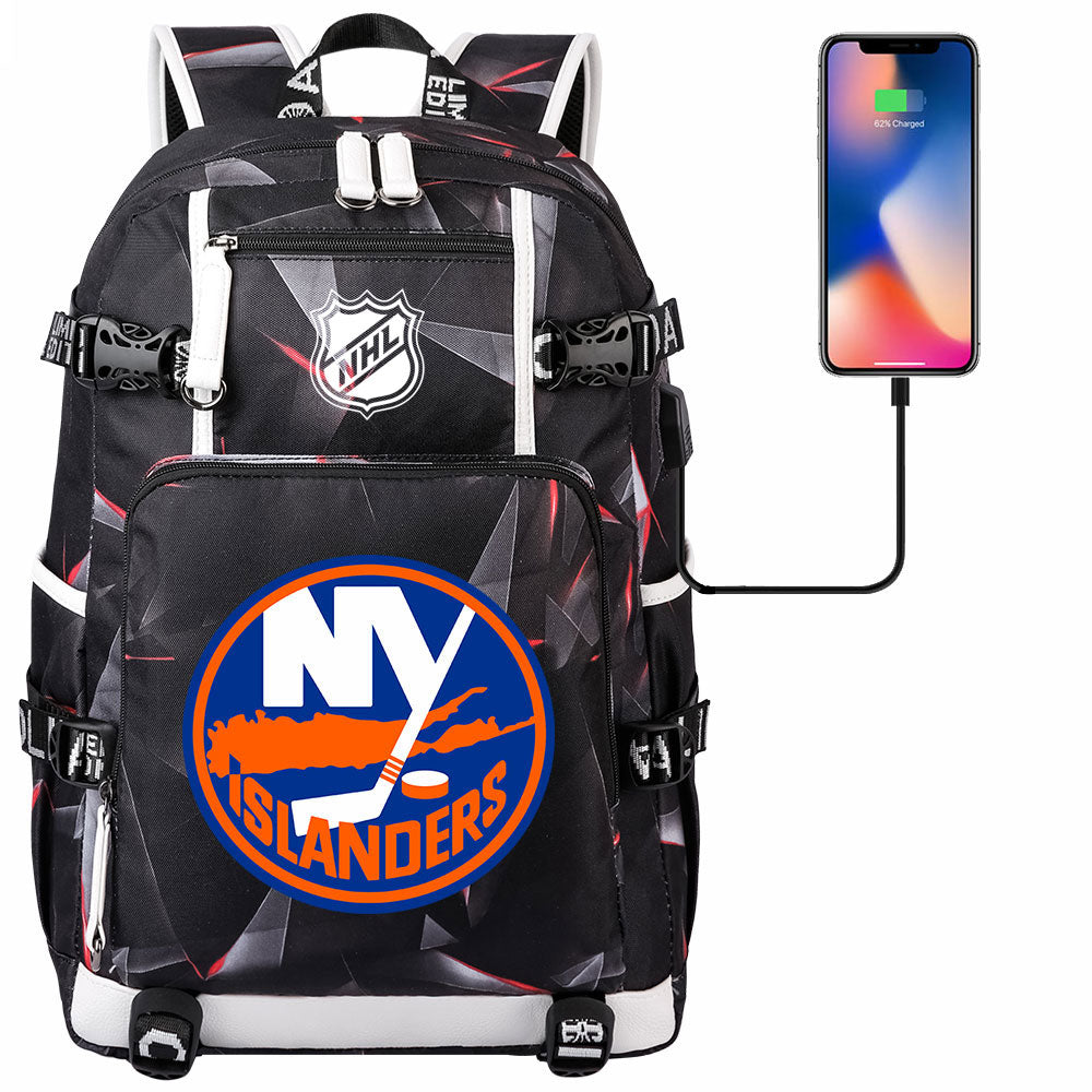 New York Islanders Hockey League USB Charging Backpack School Notebook Travel Bags