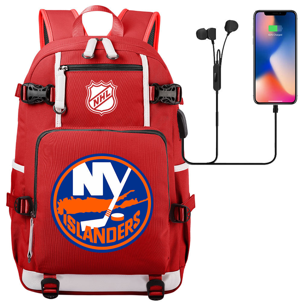 New York Islanders Hockey League USB Charging Backpack School Notebook Travel Bags