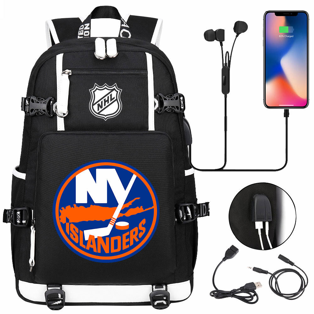 New York Islanders Hockey League USB Charging Backpack School Notebook Travel Bags