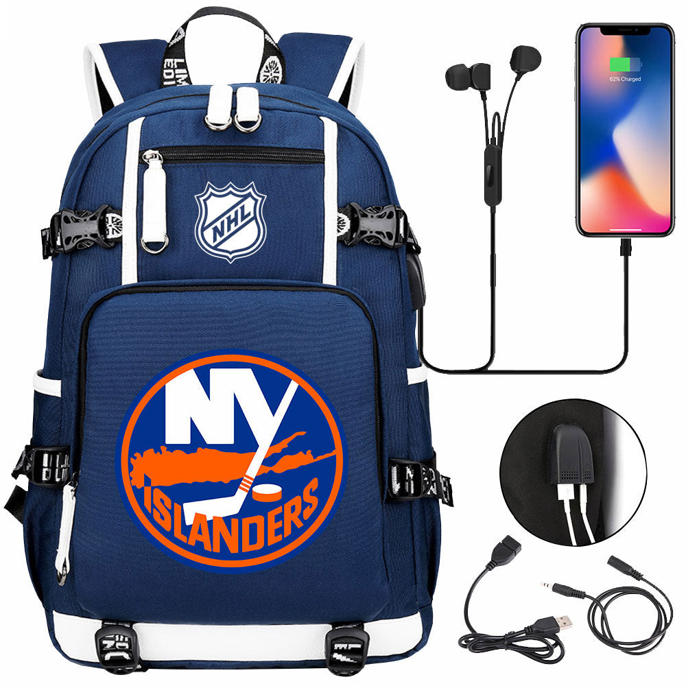 New York Islanders Hockey League USB Charging Backpack School Notebook Travel Bags
