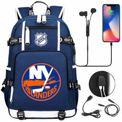New York Islanders Hockey League USB Charging Backpack School Notebook Travel Bags