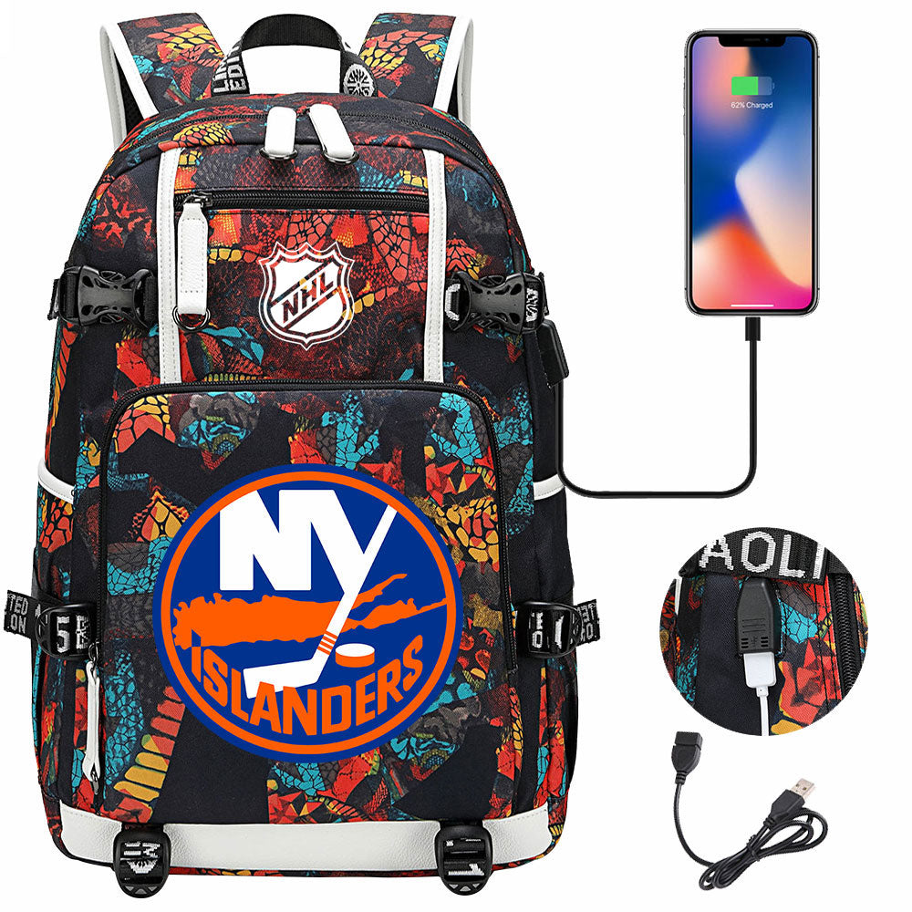 New York Islanders Hockey League USB Charging Backpack School Notebook Travel Bags
