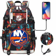 New York Islanders Hockey League USB Charging Backpack School Notebook Travel Bags