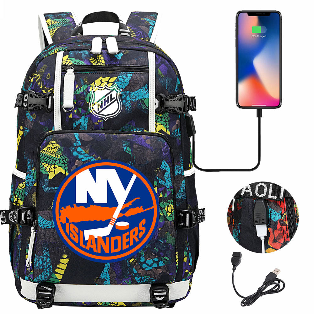 New York Islanders Hockey League USB Charging Backpack School Notebook Travel Bags