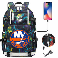 New York Islanders Hockey League USB Charging Backpack School Notebook Travel Bags