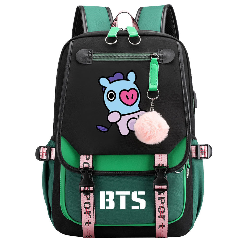BTS Mang Waterproof Backpack School Notebook Travel Bag USB Charging