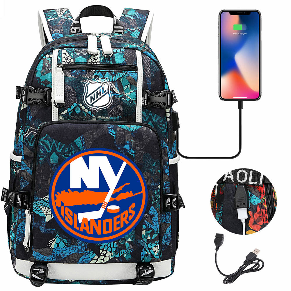 New York Islanders Hockey League USB Charging Backpack School Notebook Travel Bags