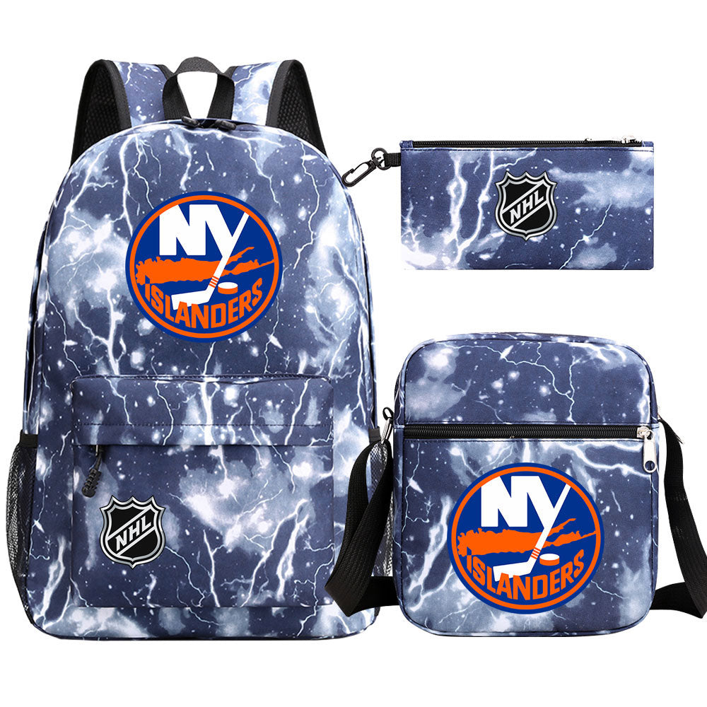 New York Islanders Hockey League Printed Schoolbag Backpack Shoulder Bag Pencil Bag 3pcs set for Kids Students