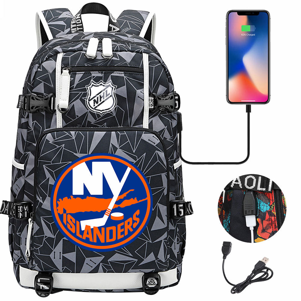 New York Islanders Hockey League USB Charging Backpack School Notebook Travel Bags