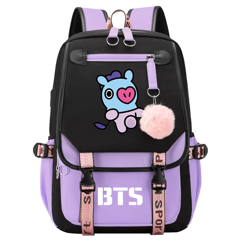 BTS Mang Waterproof Backpack School Notebook Travel Bag USB Charging