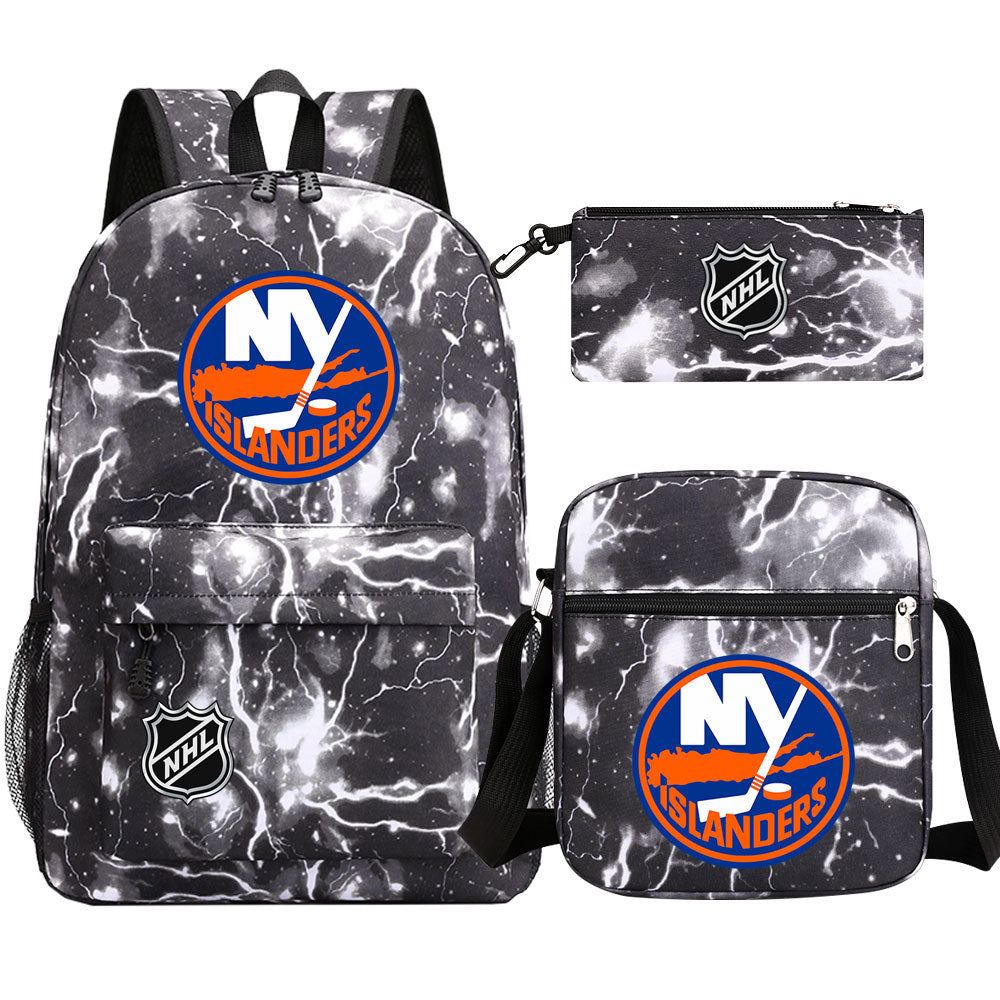 New York Islanders Hockey League Printed Schoolbag Backpack Shoulder Bag Pencil Bag 3pcs set for Kids Students