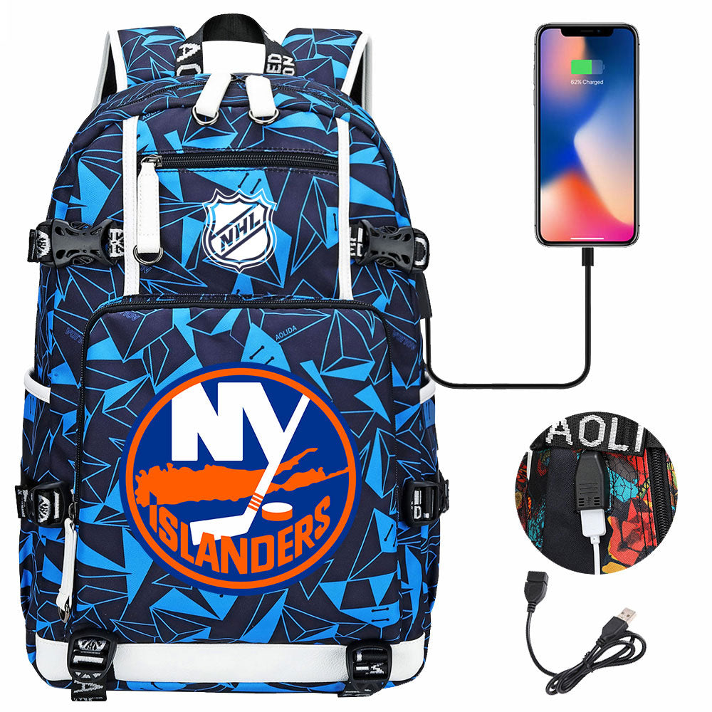 New York Islanders Hockey League USB Charging Backpack School Notebook Travel Bags