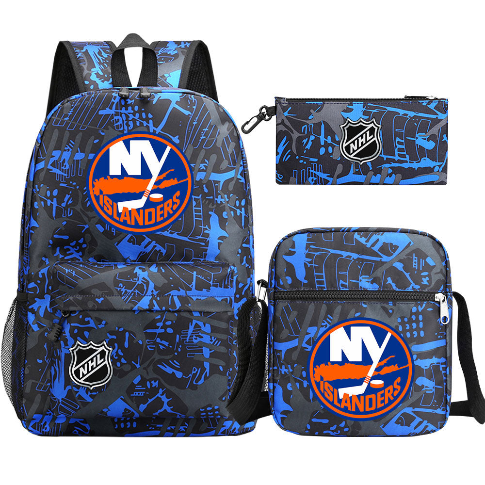 New York Islanders Hockey League Printed Schoolbag Backpack Shoulder Bag Pencil Bag 3pcs set for Kids Students