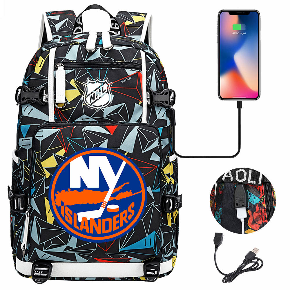 New York Islanders Hockey League USB Charging Backpack School Notebook Travel Bags