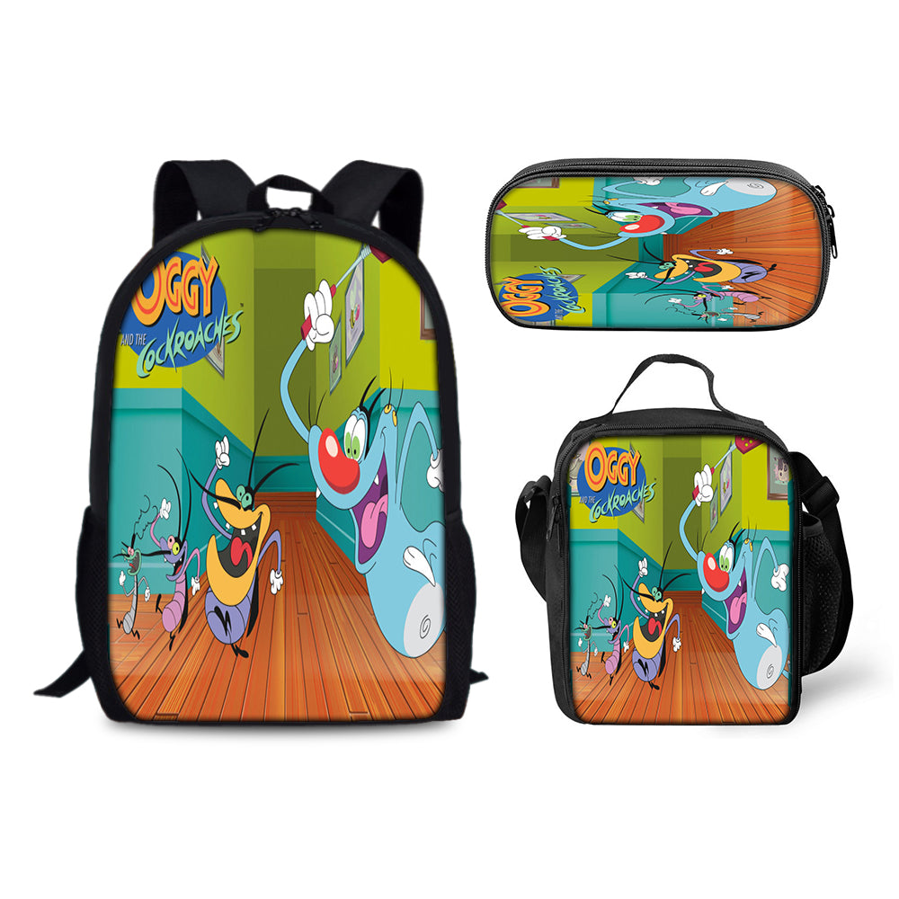 Oggy and the Cockroaches Backpack Schoolbag Lunch Bag Pencil Bag for Kids Students 3PCS