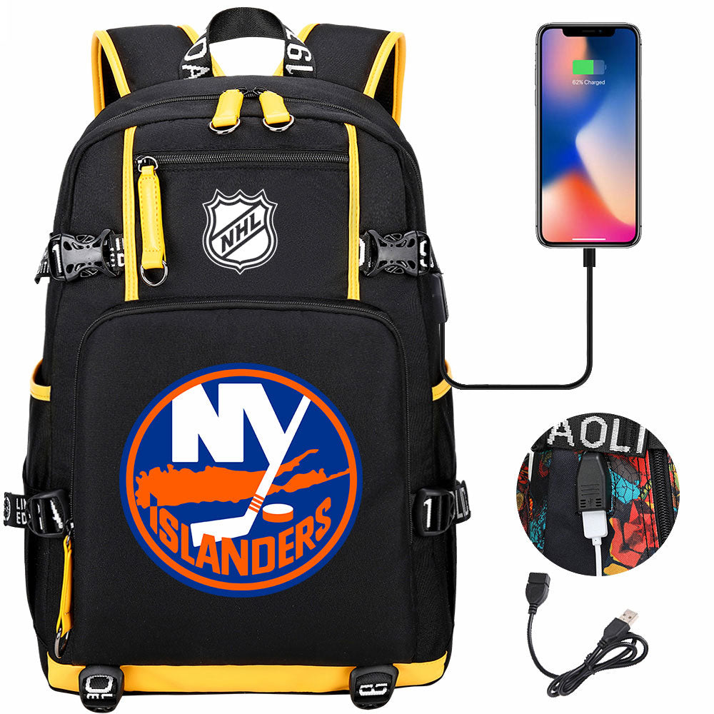 New York Islanders Hockey League USB Charging Backpack School Notebook Travel Bags